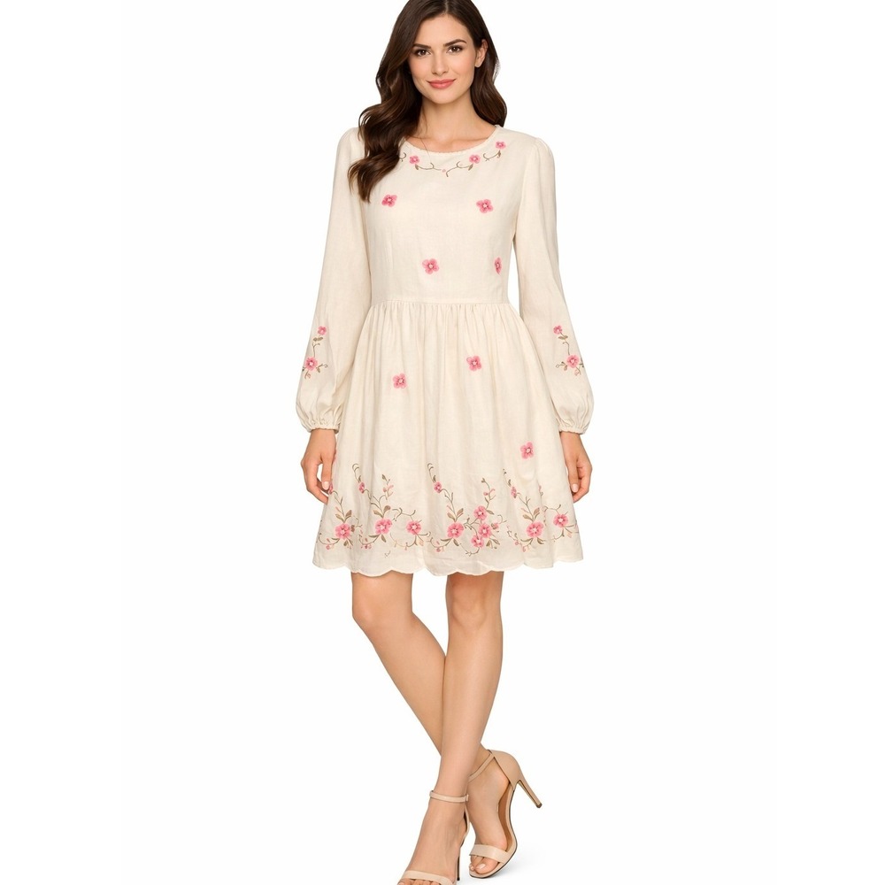 NWT Caroline Constas Linen Blend Mini Dress Womens S Ivory Floral Embroidered